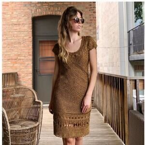 Diane Von Furstenberg Crochet Open Knit Lacey Lace Sleeve Gold Metallic Dress M